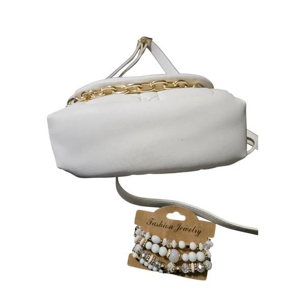 Cream Quilted Crossbody Bag with Gold Chain & Bohemian Bracelet Set - Picture 2 of 4